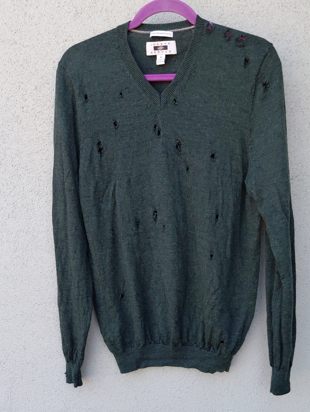 Joseph Abboud Green Grunge Distressed Merino Wool Sweater Men's Medium